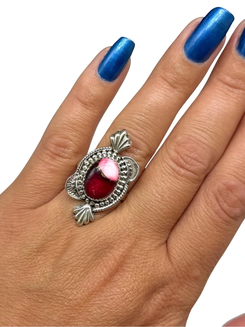 Kingman Red Rose Dahlia Turquoise Ring Adjustable Size 7 - 9 925 Sterling Silver